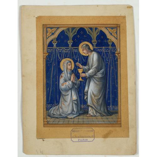 Illuminated neo-gothic card on vellum paper for a Book of Hours.