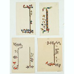 Four illuminated neo-gothic cards on vellum paper for a Book of Hours, in French.