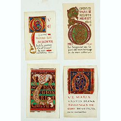 Four illuminated neo-gothic cards on vellum paper for a Book of Hours, in French.