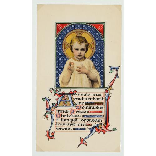 Illuminated neo-gothic card on vellum paper for a Book of Hours.
