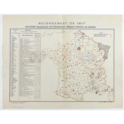 Old map image download for Recensement de 1877. Situation Géographique des Etablissements Religieux d'Hommes non Autorisés.