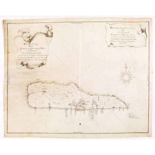 Rare, antique map of  Descripcion de la Isla de Curaçao; Sacada de los Papeles que vinieron a el R.L Consejo de las Indias d. Fran.co  Núñez Melián Gouvernador de Venezuela fechos en Caracas en 4° de Diciembre, de 1634 Anos