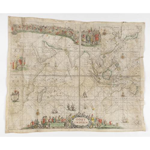 Old map image download for OOST INDIEN Wassende-Graade Paskaart vertoonende nevens het Oostelyckste van Africa meede de Zeekusten van Asia van C. de Bona Esperansa tot Eso boven Iapan / t'Amsterdam by Pieter Goos