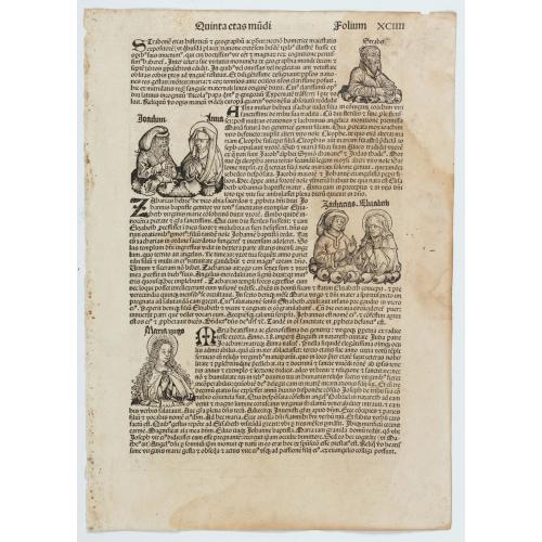 Rare, antique map of  Quinta Etas Mundi. Folium. XCIIII [Portrait of Strabo]