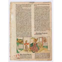 Page from a printed bible with wood block print of St. Gregorius.