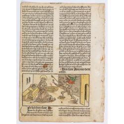 Page from a printed bible with wood block print of St. Anthony the Abbot defeated the devil.