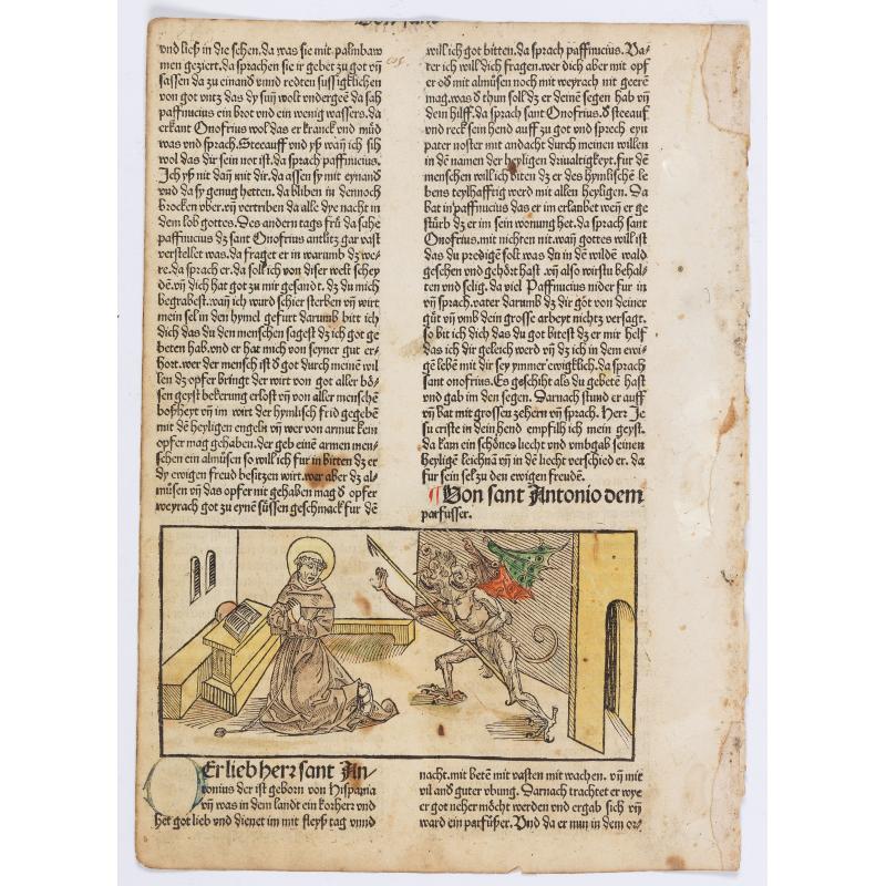 Page from a printed bible with wood block print of St. Anthony the Abbot defeated the devil.