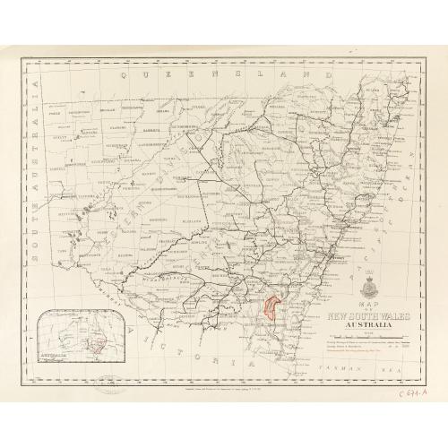 Rare, antique map of  [Lot of 2 maps] Map of part of New South Wales Australia shewing position of Commonwealth Territory / Map of New South Wales Australia…