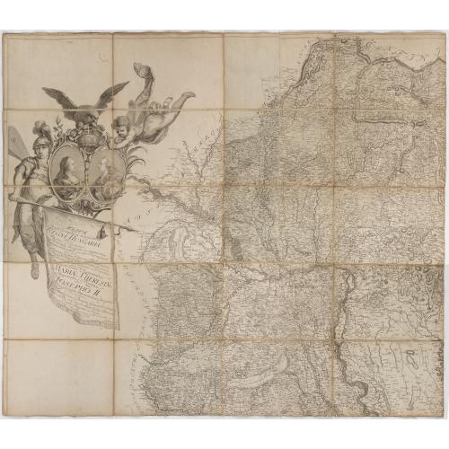 Rare, antique map of Mappa Geographica novissima Regni Hungariae divisi in suos Comitatus cum Districtibus Jazygum et Cumanorum, Banatus Temesiensis ejusque Districtuum nec non Regnorum Croatiae, Slavoniae, Dalmatiae, Magni Principatus Transsylvaniae…