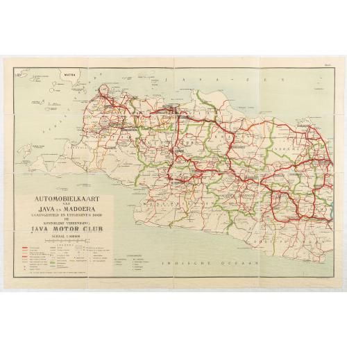 Rare, antique map of  Automobielkaart van de Java en Madura samengesteld en uitgegeven door de Koninklijke vereeniging Java Motor Club.