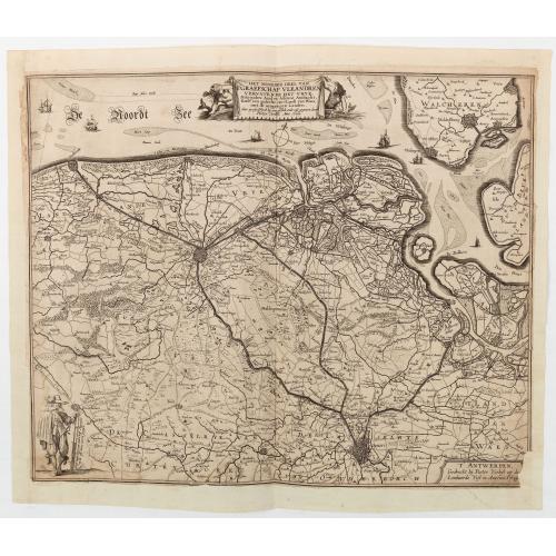 Rare, antique map of Het Noorder deel van T'Graefschap Vleandren vervatende het vrye Mits-gaders Axe…