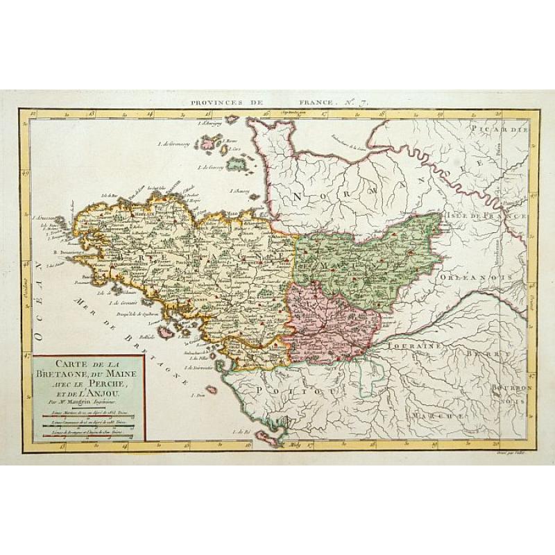 Carte de la Bretagne, du Maine avec le Perche et l'ANjou.