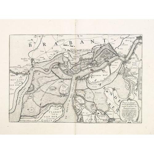 Old map image download for Pas-Caert vande ghelegetheyt vande Schans te Santvliet, Vertoonede de verdroncken overwaeterde Landen, nieuw aengewasse gorsingen,. . .
