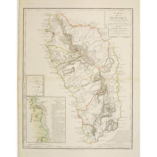 Old map image download for Carte de la Dominique Prise par les Francois le 7 Septembre 1778. Avec le Plan du Debarquement et de l'Attaque des Forts et Batteries par les Troupes et Les Fregates de sa Majeste