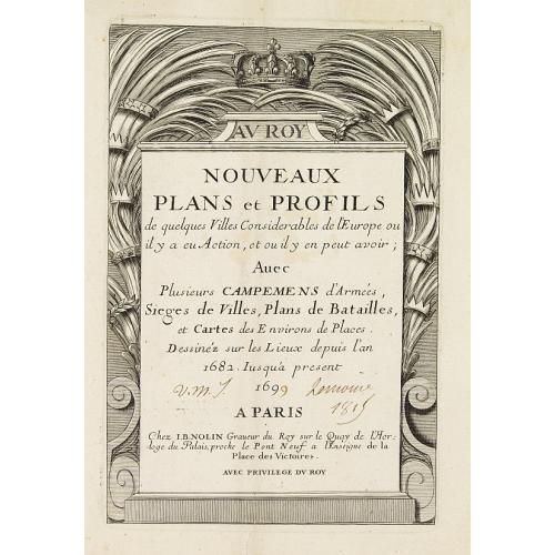 Rare, antique map of  Title page : NOUVEAUX PLANS et PROFILS de quelques villes considérables de l'Europe..