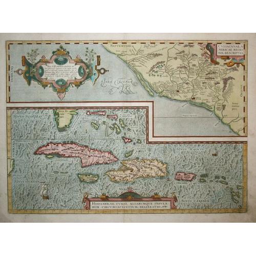 Old map image download for Culiacanae, Americae Regionis Discriptio / Hispaniolae, Cubae, Aliarumque Insularum Circumiacientium, Delineatio