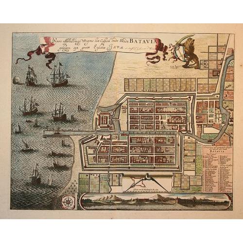 Old map image download for Waere Affbeeldinge Wegens het Casteel ende Stadt Batavia Gelegen opt Groot Eylant Java.