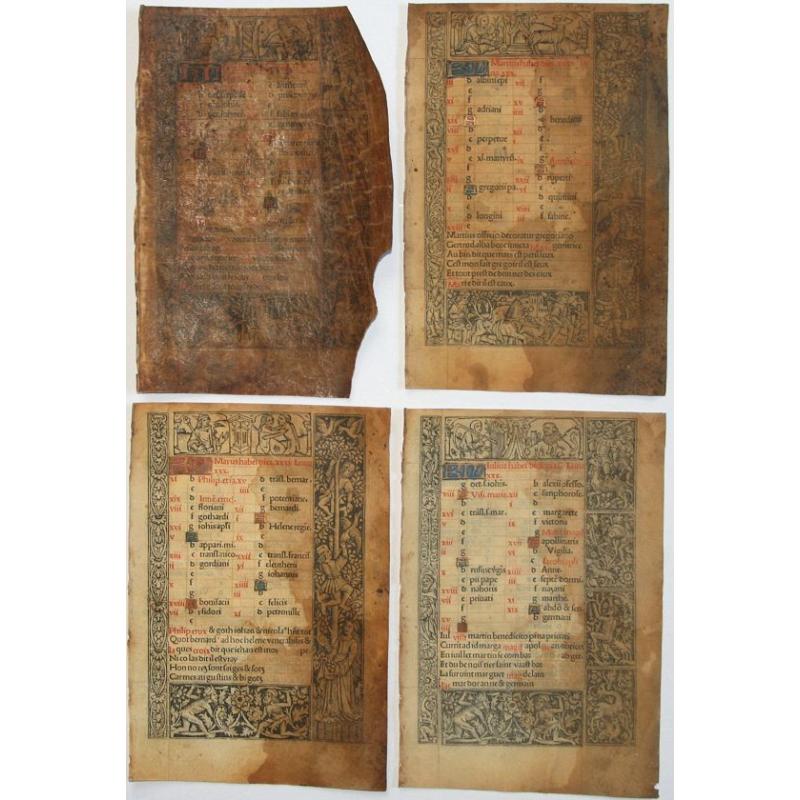 4 Calendar leaves on vellum from a printed Book of Hours.