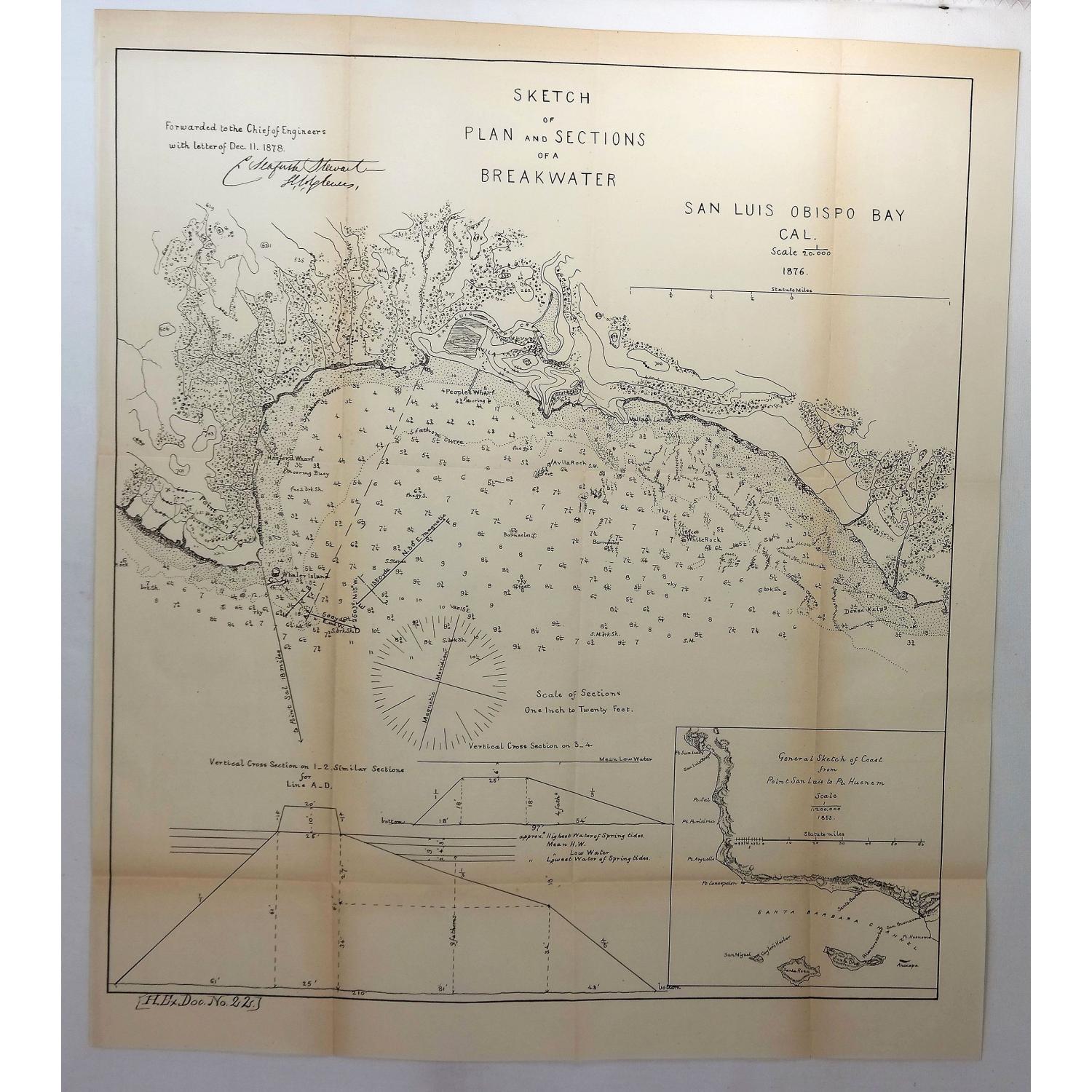 Sketch of Plan and Sections of a Breakwater, San Luis Obispo Bay, Cal. 1876.