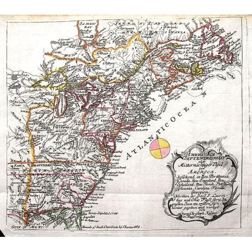 Old map image download for America septentrionalis oder Mitternachtiger theil von America bestehend in Neu Brittania, Canada, Neu Engeland, Neu Schotland, Neu Jorck, Pensylvania, Carolina, Florida, Georgien. . .