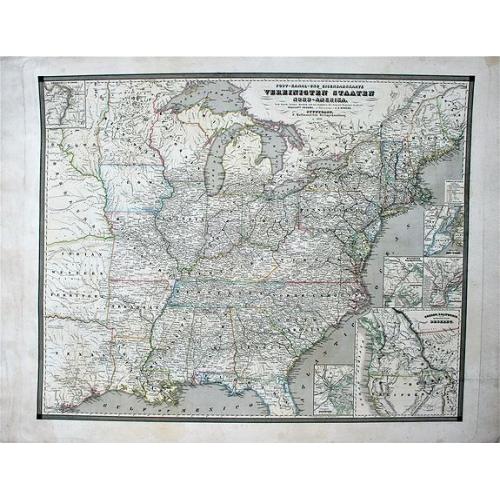 Old map image download for Post-Kanal-und Eisenbahnkarte der Vereinigten Staaten von Nord-Amerika. Nach Smith, Tanner, Mitchell und der Berichten des General-Postamts. . .