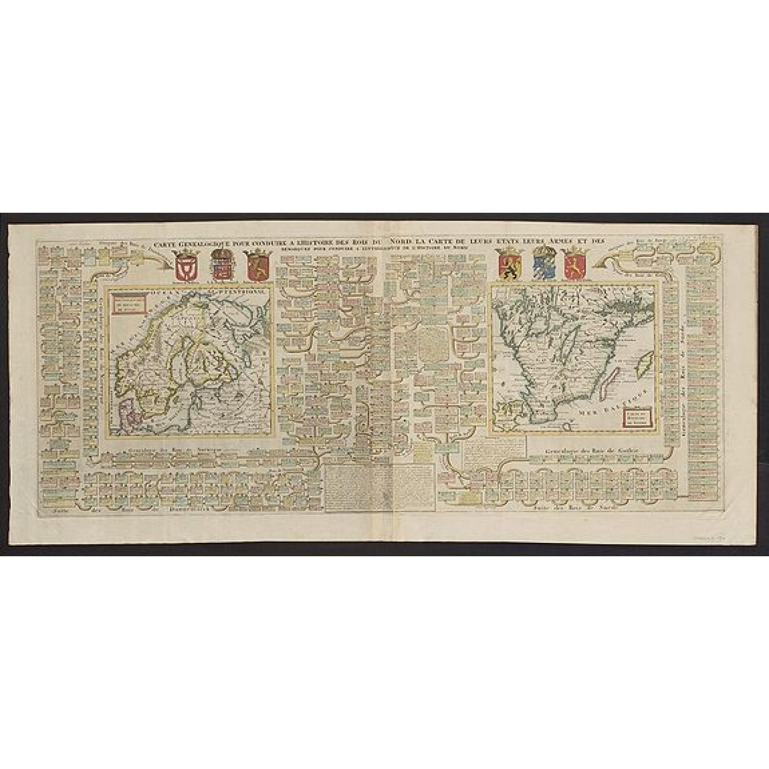 Carte Genealogique pour conduire a l´Histoire des Rois du Nord la carte de Leurs etats, leurs armes et des remarques pour conduire a l‘intelligence de l‘ Histoire du Nord