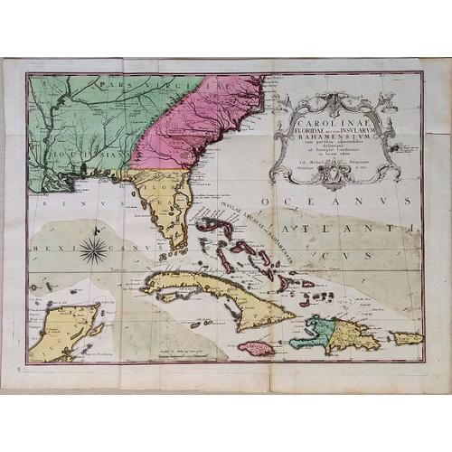 Old map image download for Carolinae[,] Floridae nec non Insularum Bahamensium cum partibus adjacendibus delineatio ad Exemplar Londinense in lucem edita a Ioh. Michael Seligmann[,] Norimbergae Ao. 1755