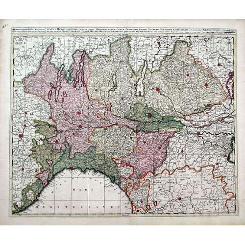 Old map image download for Status Mediolanensis, divisus in Ditiones Mediolanensem, Comum, Cremonam, Paviam, Novaram, Tortonam, Lumellinam et Laudam, una cum Ducatibus Monte Ferrato, Parma, Mutina, Mantua et Mirandula...