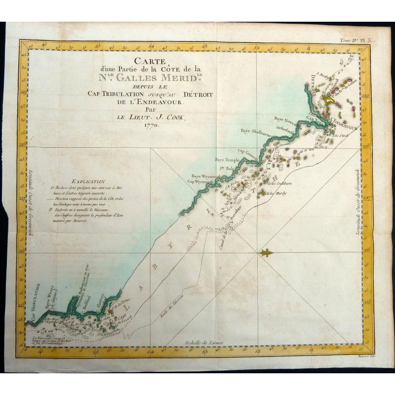 Carte d'une Partie de la Côte, de la Nle Galles Meridle depuis le Cap Tribulation jusqu'au Detroit de l'Endeavour par le Lieut. J. Cook 1770. 