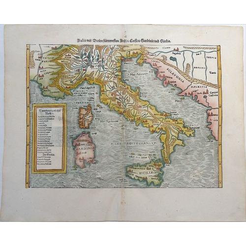 Italia mit Dreien furnemsten Inseln, Corsica, Sardinia und Sicilia. 