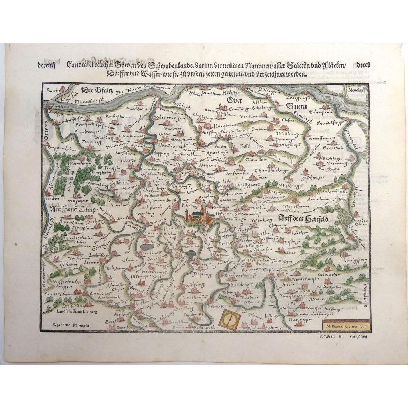 Landtafel etlicher Gowen des Schwabenlands darinn die newen Nammen aller Stetten, Flaecken, Dorffern, Wassern.