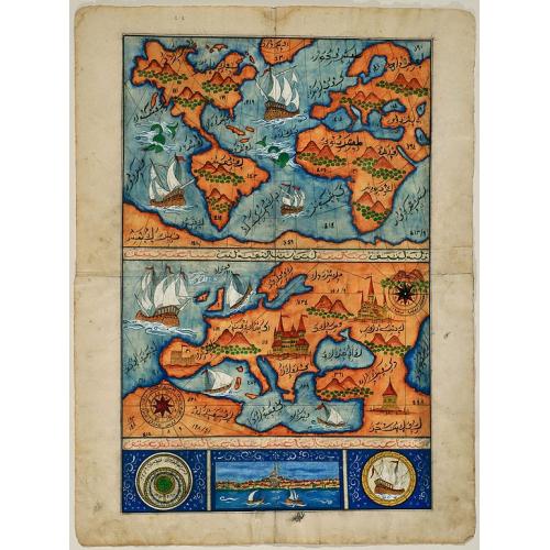 Old map image download for World map and map of Europe joined together on 4 sheets (bookpages).