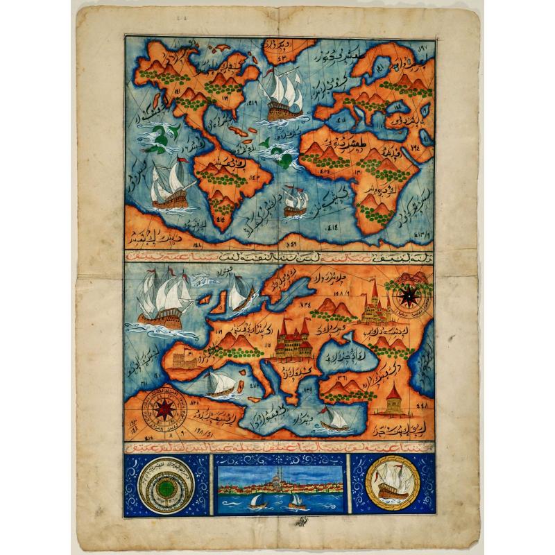 World map and map of Europe joined together on 4 sheets (bookpages).
