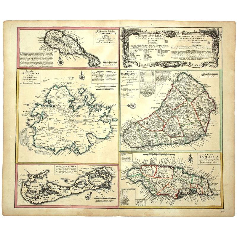 DOMINIA ANGLORUM in praecupuis Insulis AMERICAE ut sunt Insula S. CHRISTOPHORI, ANTEGOA, IAMAICA, BARBADOS, Insulae BERMUDES vel SOMMERS.