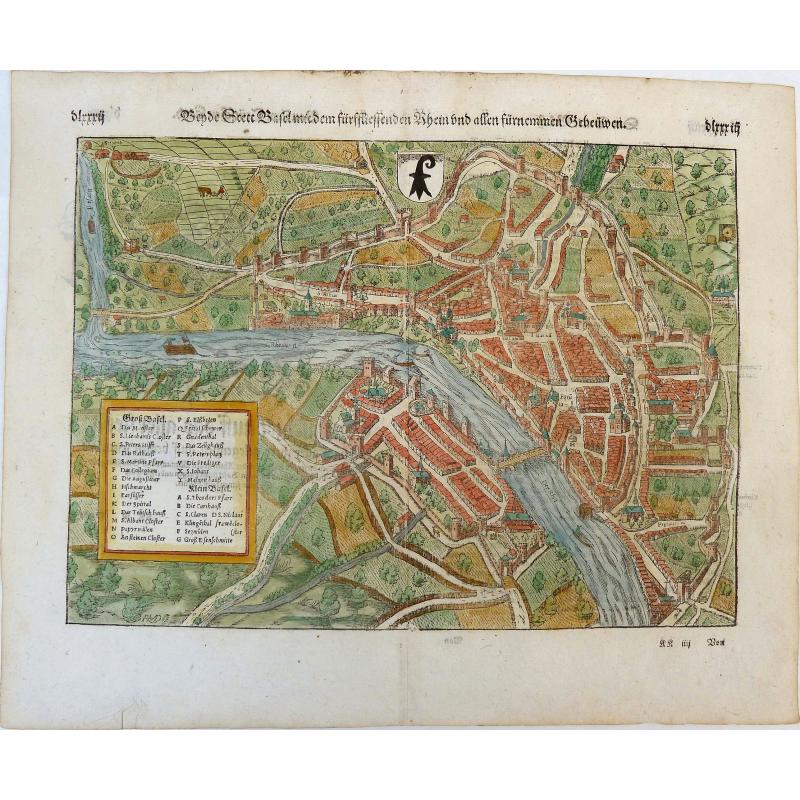 Beyde Stett Basel mit dem fürfliessenden Rhein und allen fürnemmen gebeüwen.