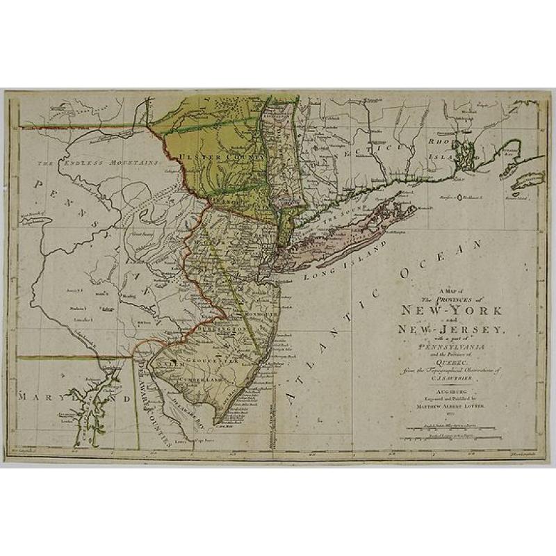 A Map of The Provinces of New-York and New-Jersey, with a part of Pennsylvania and the Province of Quebec from the Topographical Observations of C. J. Sauthier.