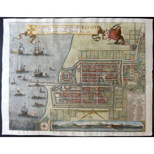 Old map image download for Waere affbeeldinge wegens het casteel ende stadt Batavia.