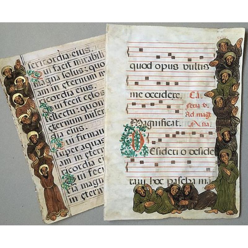 Two large format very rare psalter or graduale leaves on heavy vellum (15/16th century).
