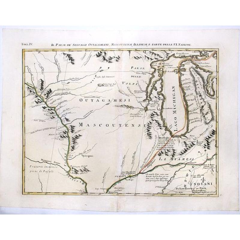 IL PAESE DE SELVAGGI OUTAGAMIANI, MASCOUTENSI, ILLINESI, E PARTE DELLE VI. NAZIONI. (Fogl. IV.)[Lake Michigan]