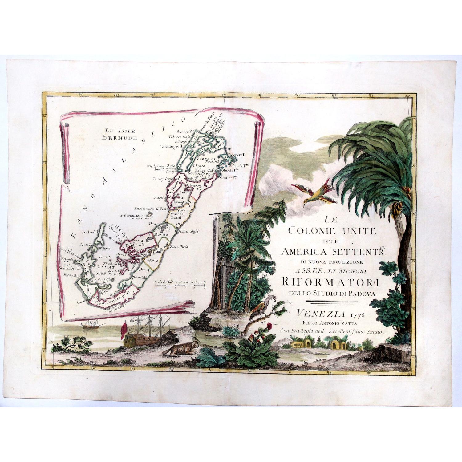 LE COLONIE UNITE dell' AMERICA SETTENTRle di nuova projezione assee li signori. . . (Title Page and Bermuda)