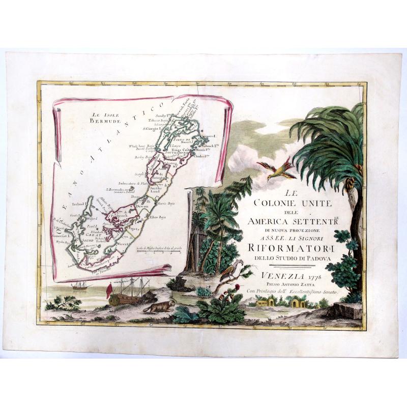 LE COLONIE UNITE dell' AMERICA SETTENTRle di nuova projezione assee li signori. . . (Title Page and Bermuda)