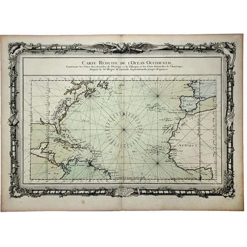 Old map image download for CARTE REDUITE de l' OCEAN OCCIDENTAL, Contenant les Costes Occidentales de l'Europe et de l' Afrique et les Cotes Orientales de l'Amerique . . .