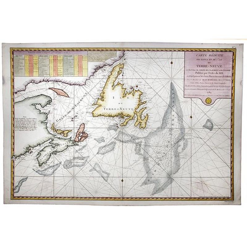 Carte Reduite des Bancs et de L'Ile de TERRE-NEUVE avec les Cotes du Golfe de St. Laurent et de l'Acadie.