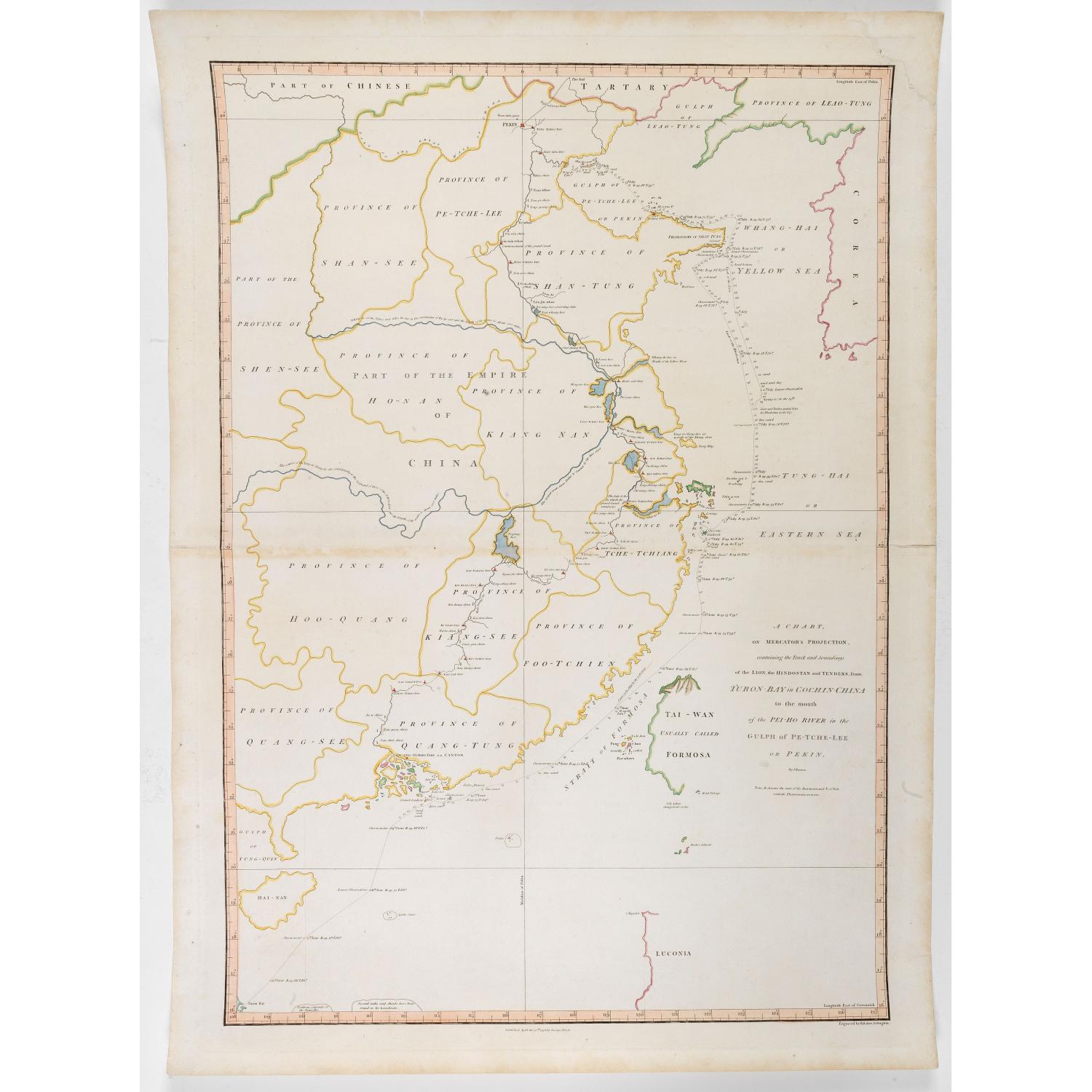 A Chart, on Mercator's Projection, Containing the Track and Soundings of the Lion, the Hindostan and Tenders, from Turon-Bay in Cochin-China. . .