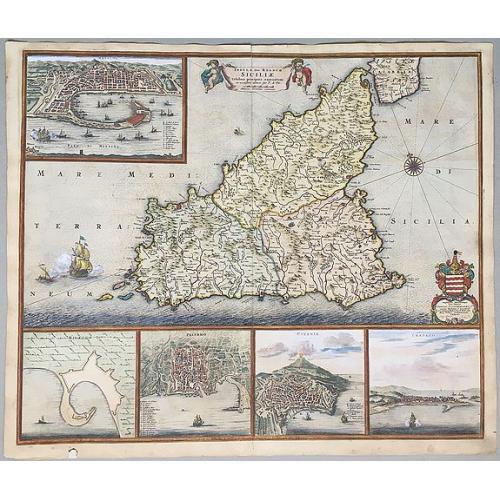 Old map image download for Insula sive Regnum Siciliae Urbibus praecipuis exornatum.