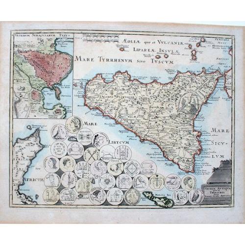 Old map image download for Sicilia antiqua quae et Trinacria dicta nummis Siculis illustrata.