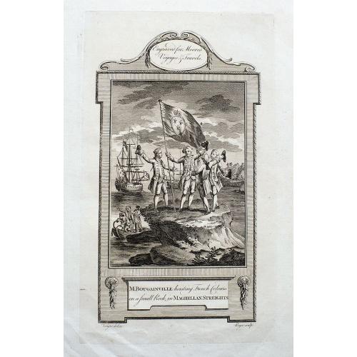Old map image download for M. Bougainville hoisting French colors on a small Rock, in Maghellan Streights.