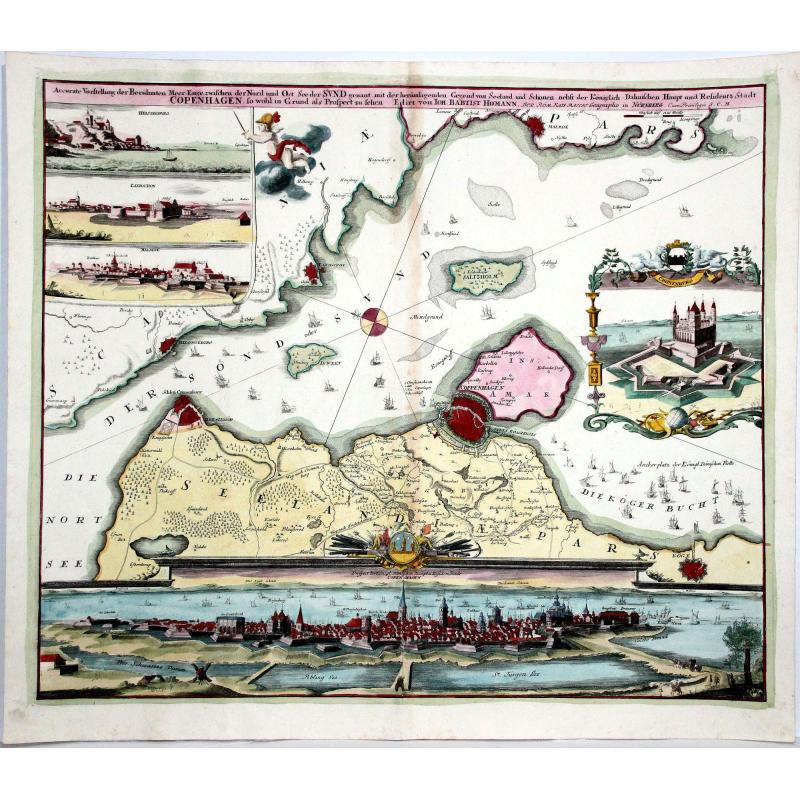 Accurate Vorstellung der Beruhmten Meer-Enge Zwischen der Nord und Ost See der Sund Genant, mit der herumligenden Gegend von Seeland und Schonen nebst der Koniglich-Danischen Haupt und Residentz Stadt Copenhagen...