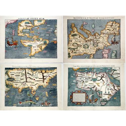 Old map image download for Moderna Europae Descriptio / Totius Africae tabula, & descriptio universalis ... /Tabula orientalis regionis, Asiae scilicet extremas ... / Novae Insulae (America) [4 sheets]