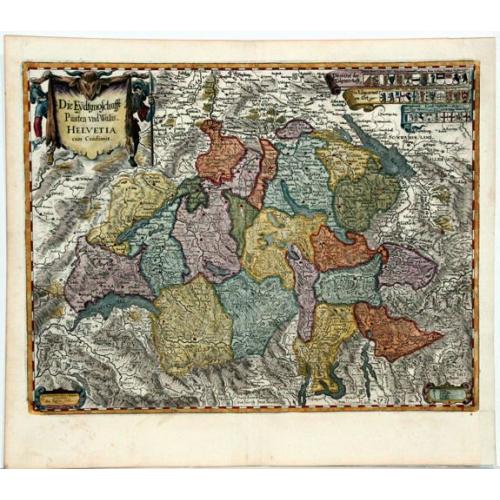 Old map image download for Die Eydtgnoschafft Punten und Wallis Helvetia cum Confinijs. [at bottom:] Hans Conr'd Geiger von Zurich. Fecit Anno 1637.